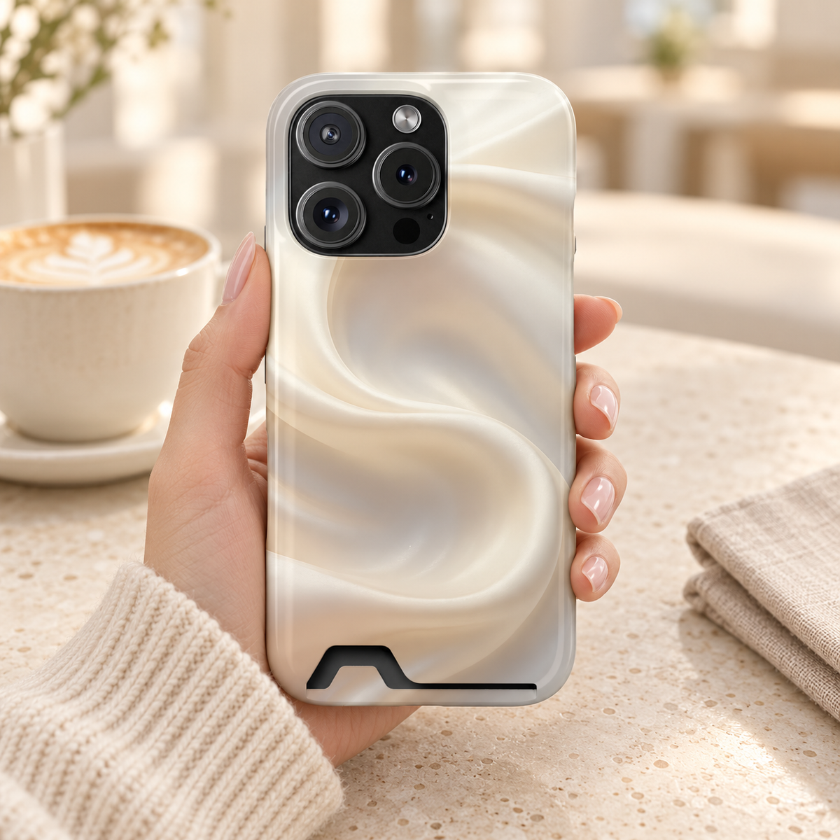 Champagne Satin phone case with card holder, soft champagne satin waves, lifestyle photo in hand with coffee