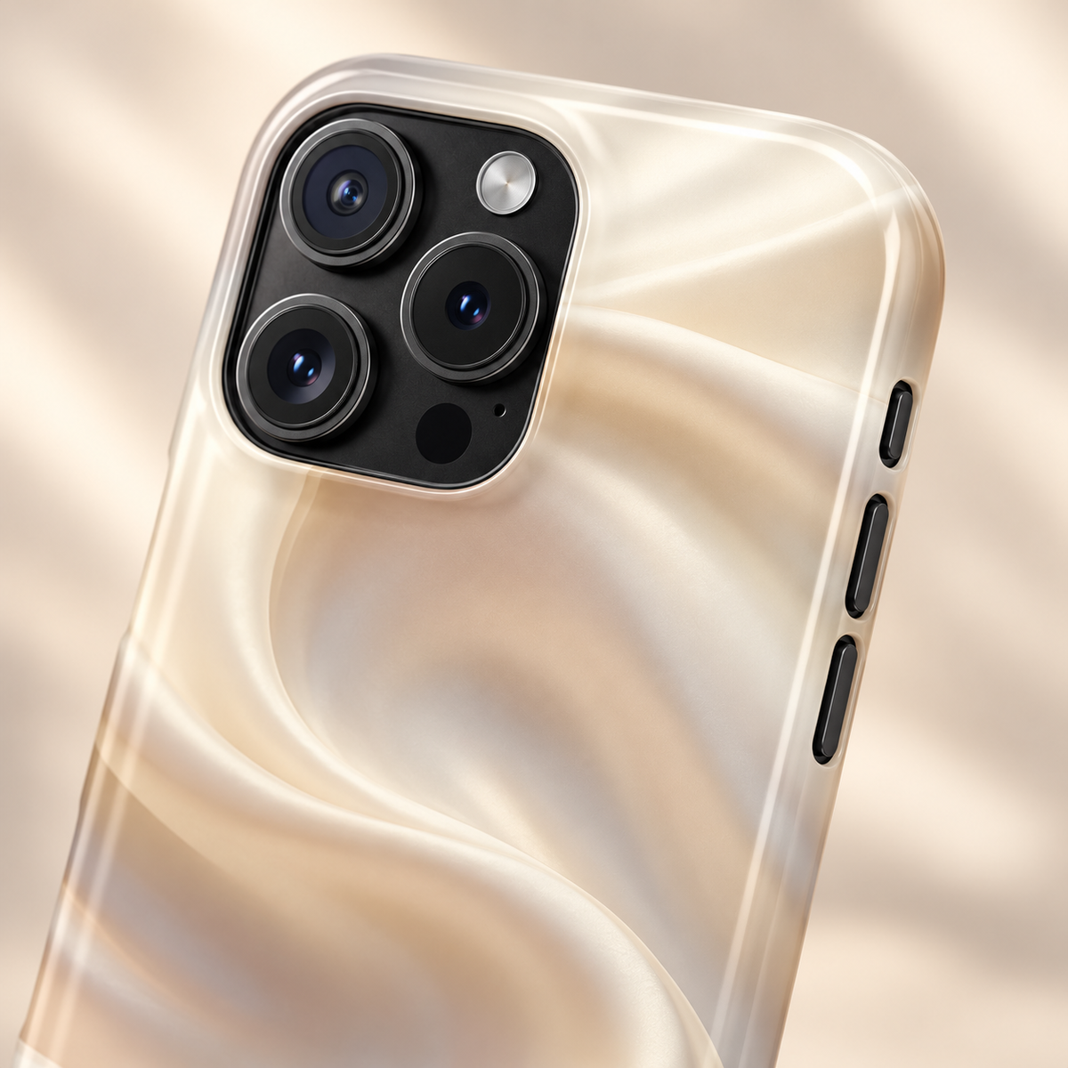 Champagne Satin phone case with card holder, soft champagne satin waves, lifestyle close-up of the camera
