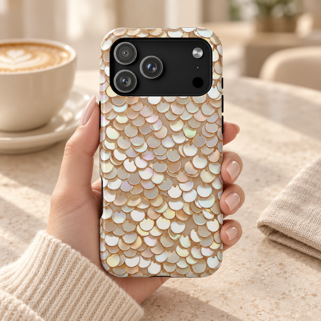 Champagne Sequin protective phone case, gold and pearl sequins, lifestyle photo in hand with coffee