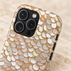 Champagne Sequin MagSafe case, gold and pearl sequins, lifestyle close-up of the camera