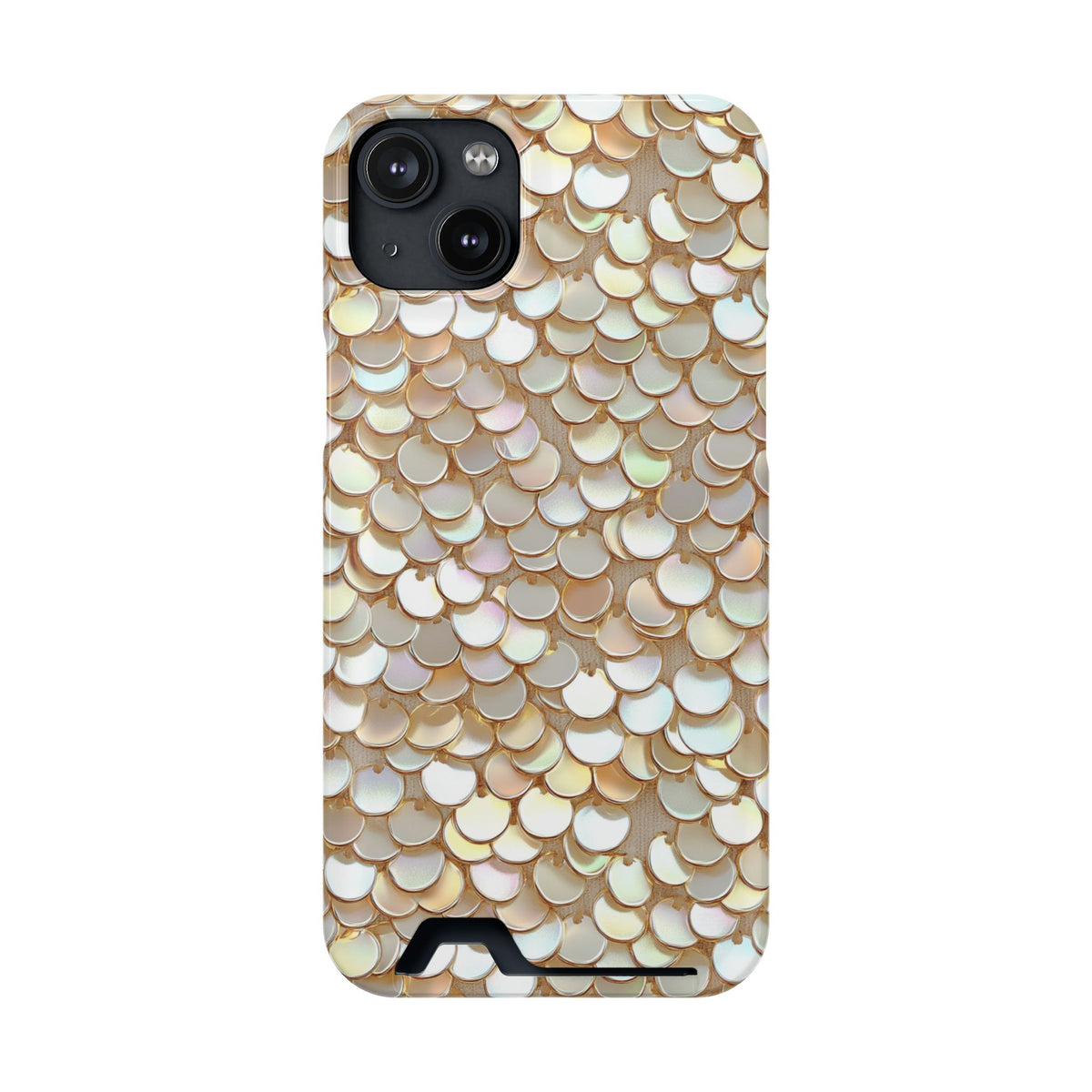 Champagne Sequin phone case with card holder for iPhone 14 Plus, glossy finish