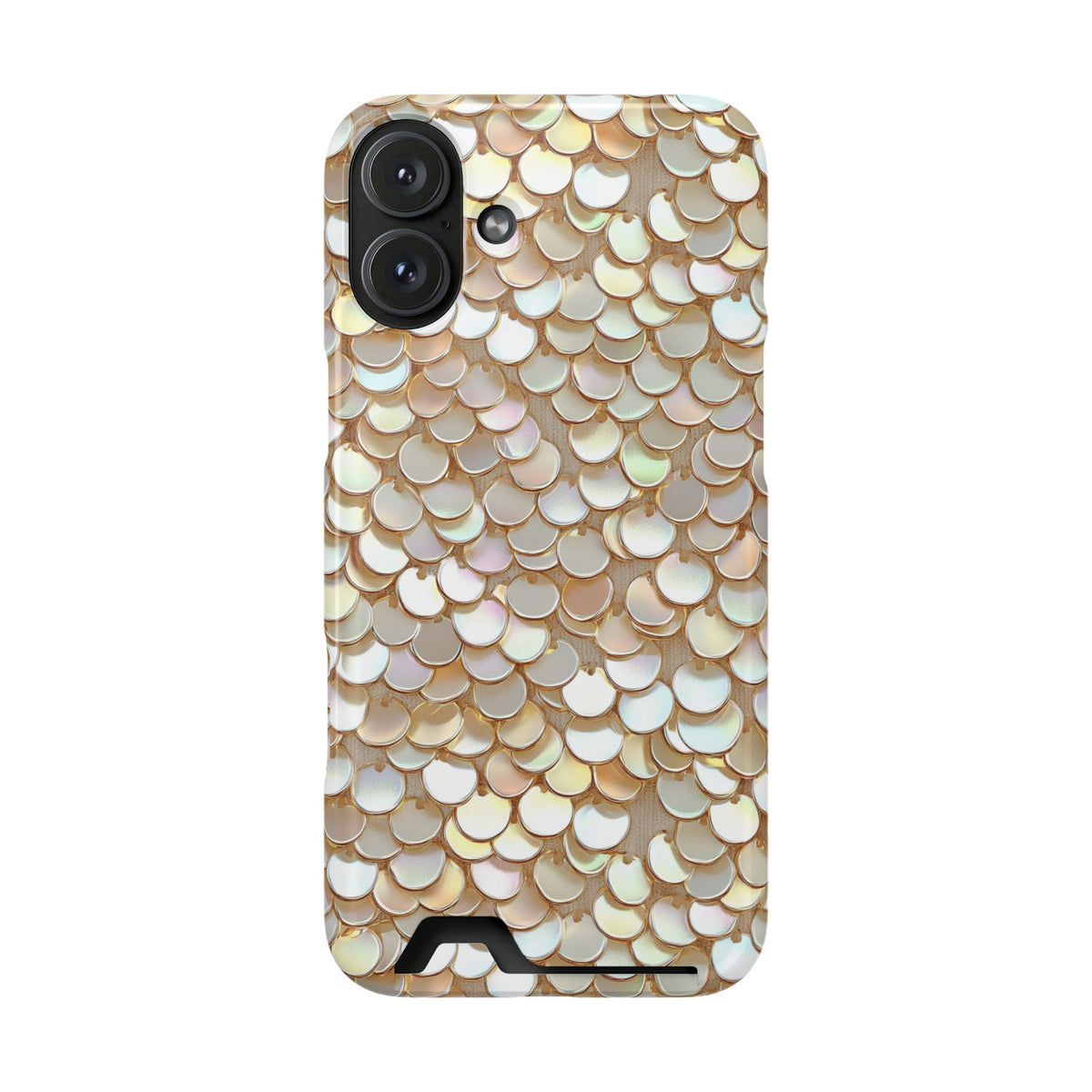 Champagne Sequin phone case with card holder for iPhone 16 Plus, glossy finish