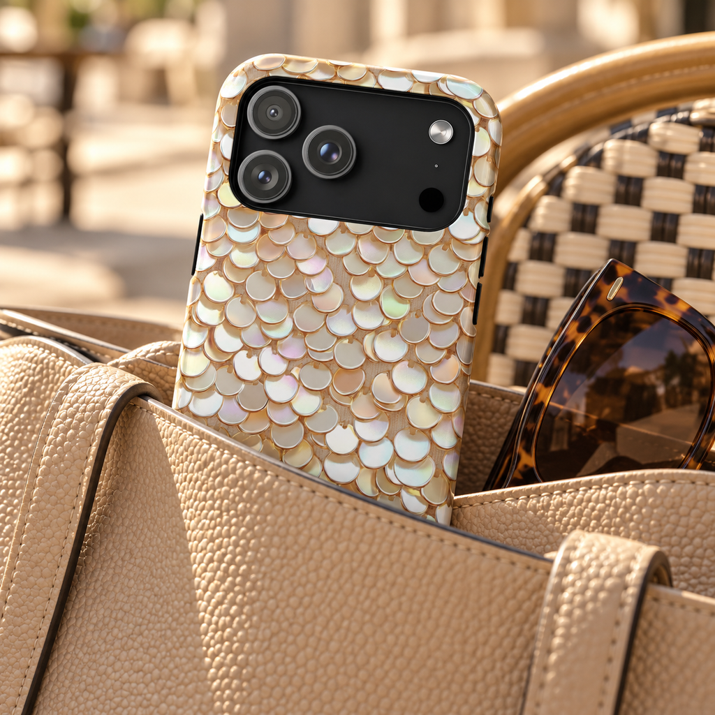 Champagne Sequin phone case with card holder, gold and pearl sequins, lifestyle photo in a handbag
