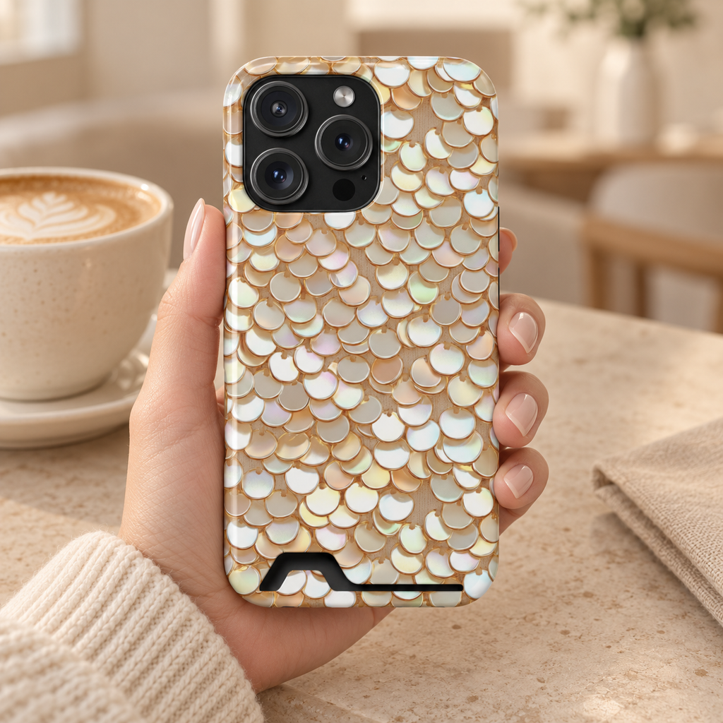 Champagne Sequin phone case with card holder, gold and pearl sequins, lifestyle photo in hand with coffee
