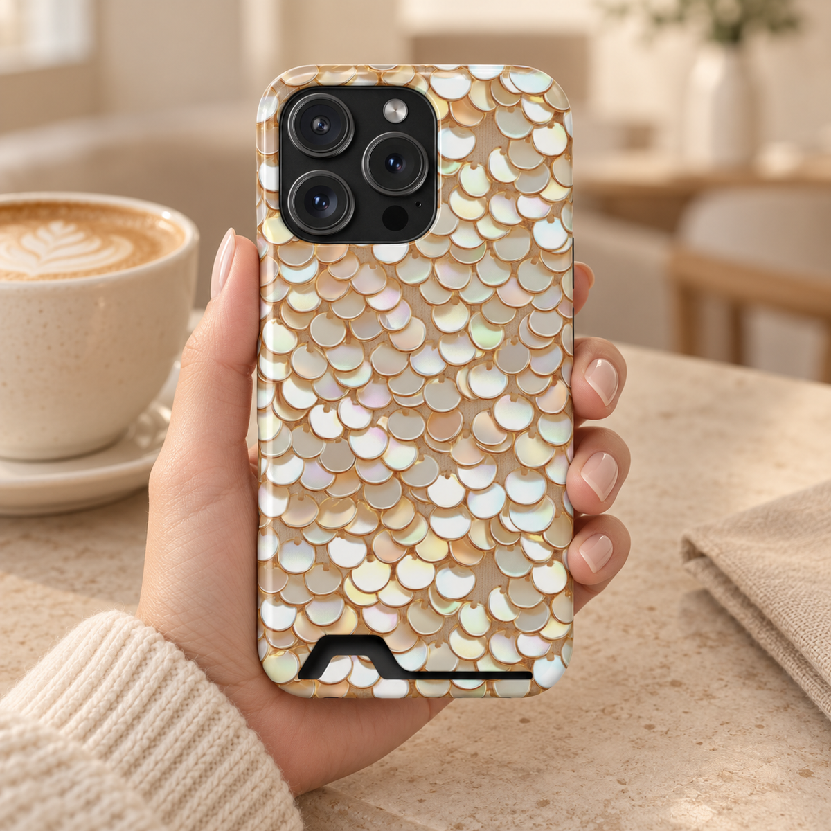 Champagne Sequin phone case with card holder, gold and pearl sequins, lifestyle photo in hand with coffee