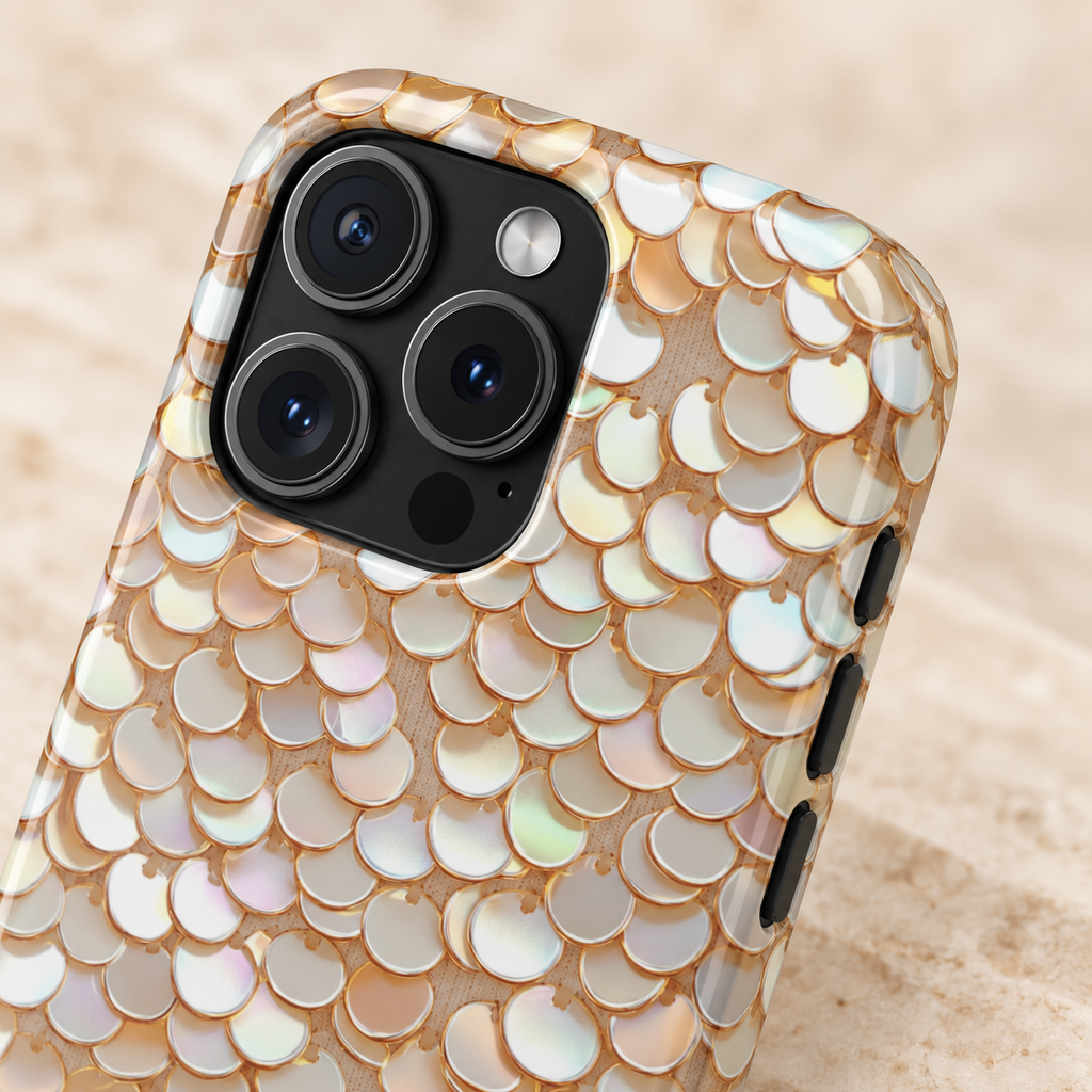 Champagne Sequin phone case with card holder, gold and pearl sequins, lifestyle close-up of the camera