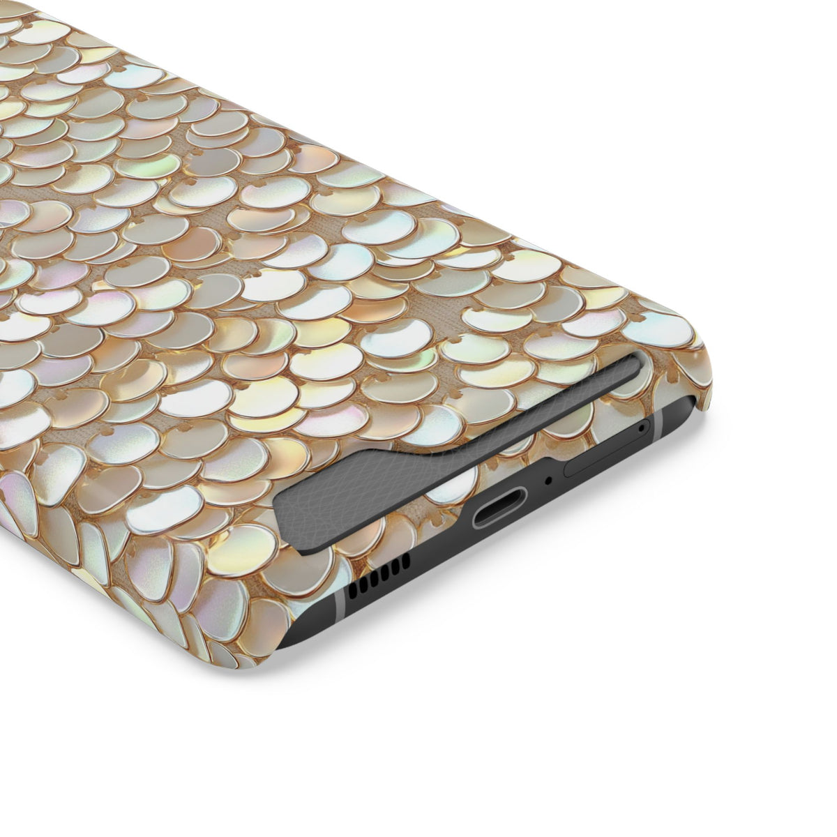 Champagne Sequin phone case with card holder, close-up of the card slot