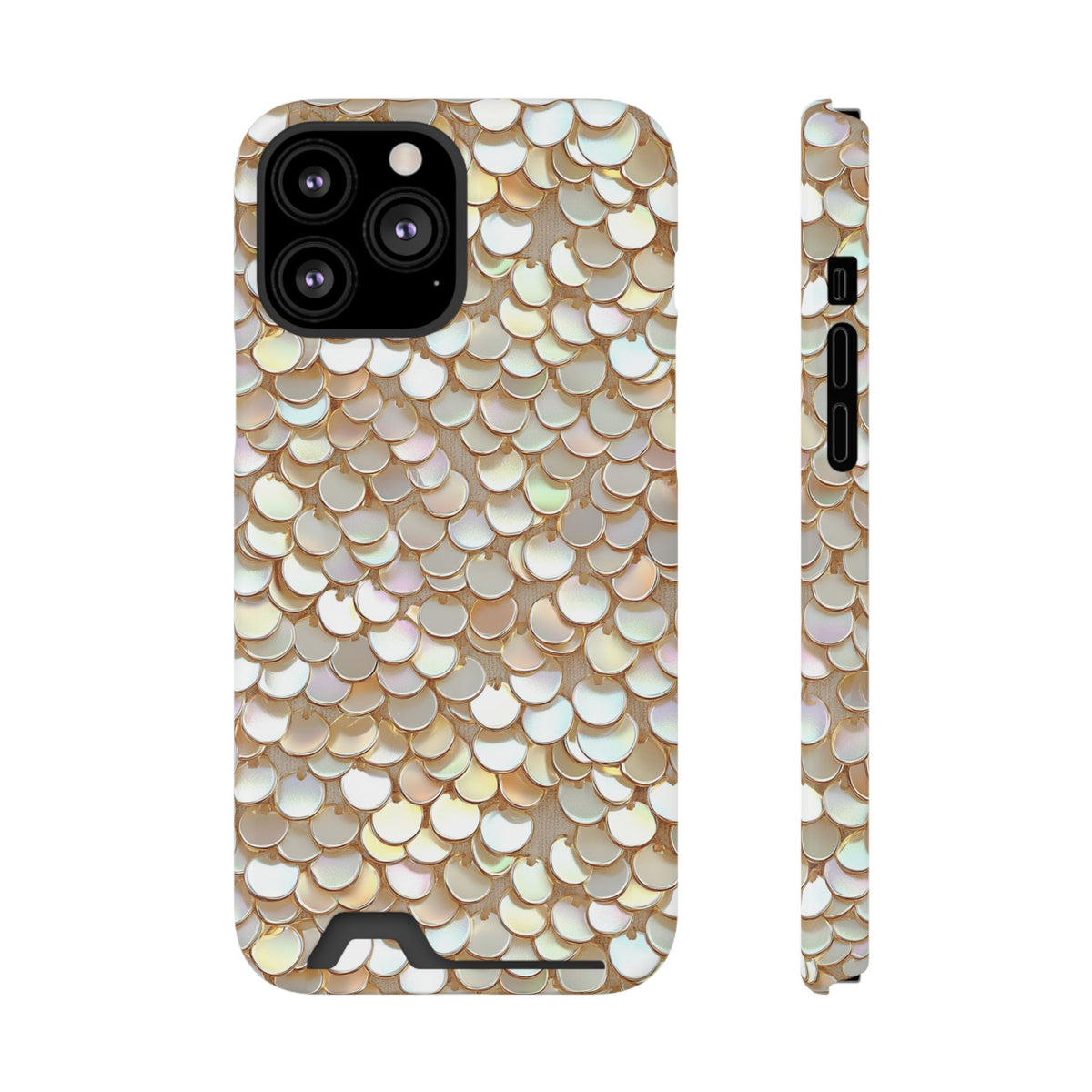 Champagne Sequin phone case with card holder for iPhone 13 Pro Max, glossy finish
