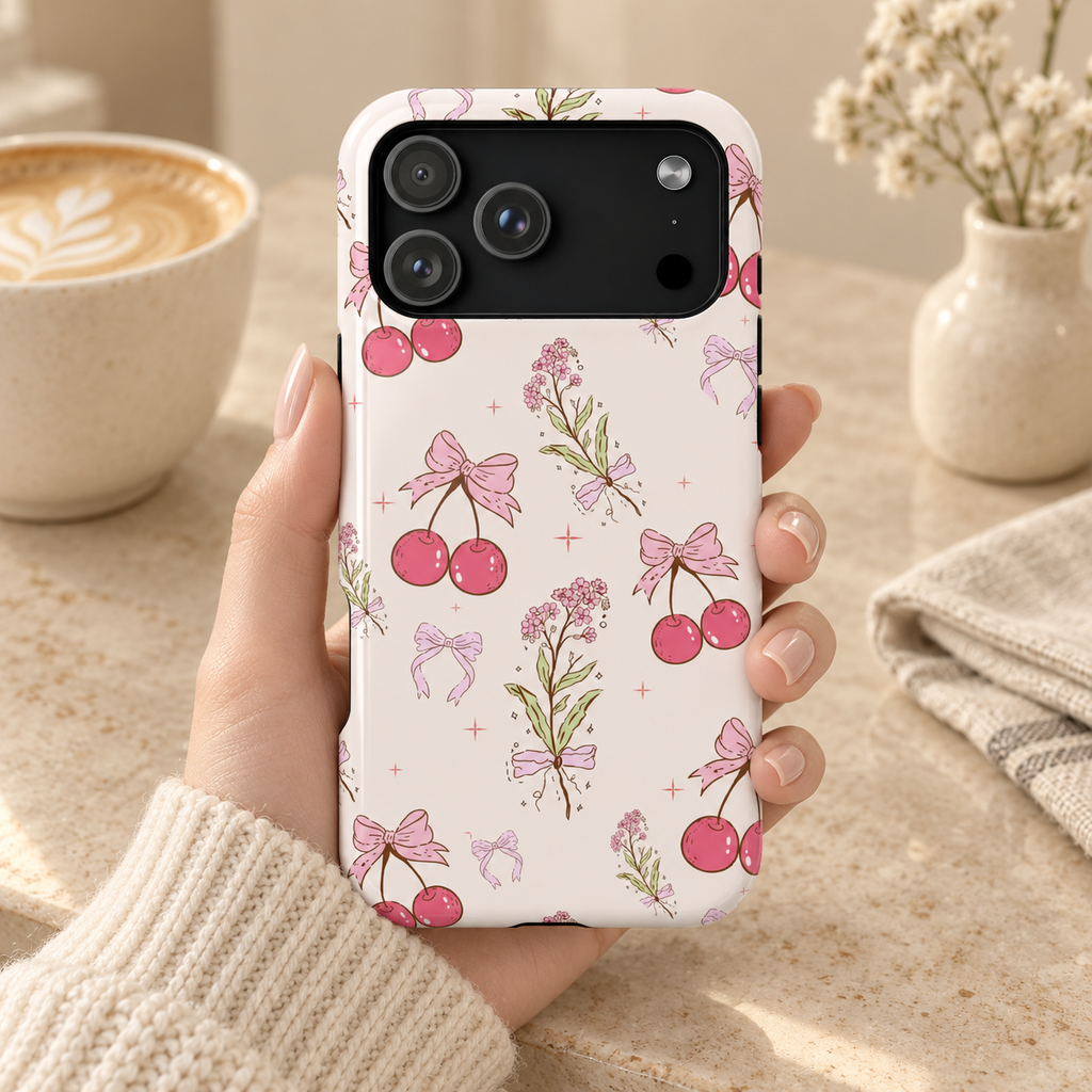 Cherry Bouquet MagSafe case, pink cherries, bows and flower sprigs on cream, lifestyle photo in hand with coffee