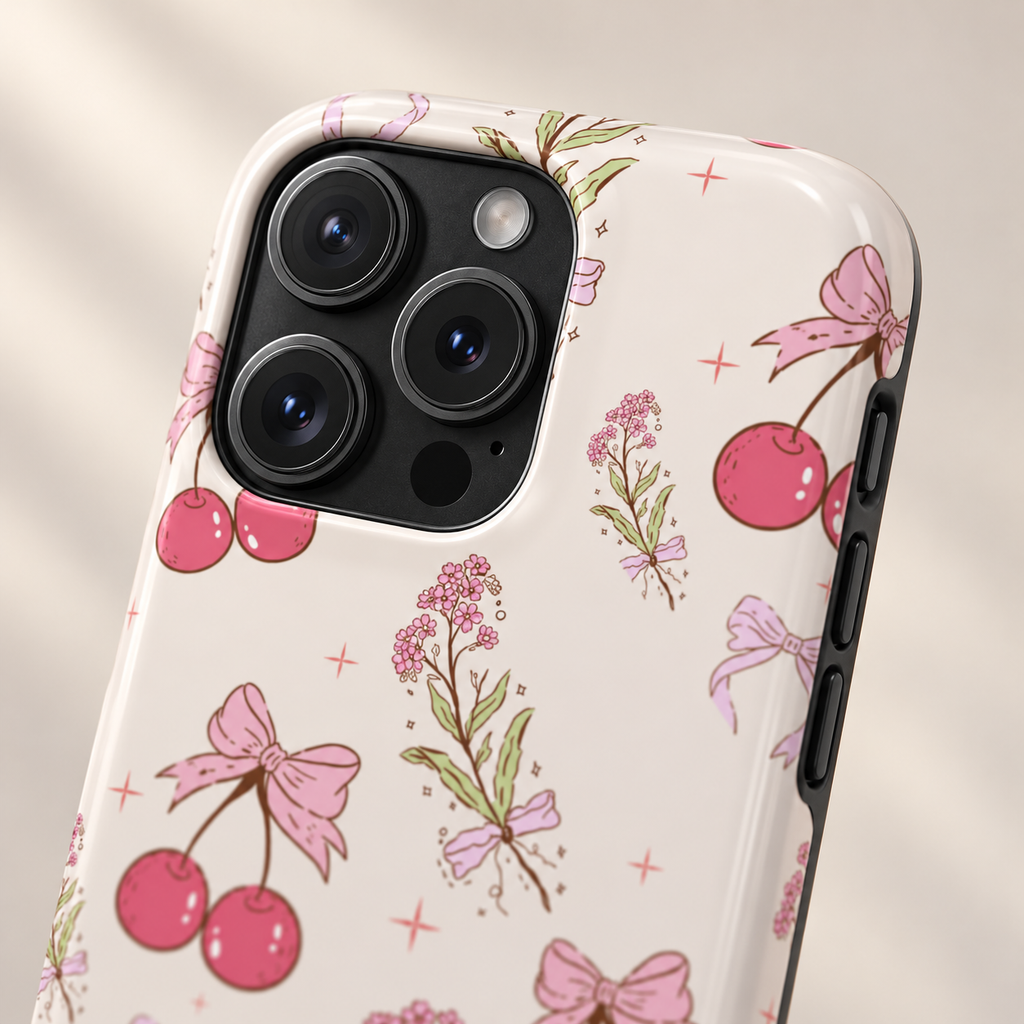 Cherry Bouquet MagSafe case, pink cherries, bows and flower sprigs on cream, lifestyle close-up of the camera