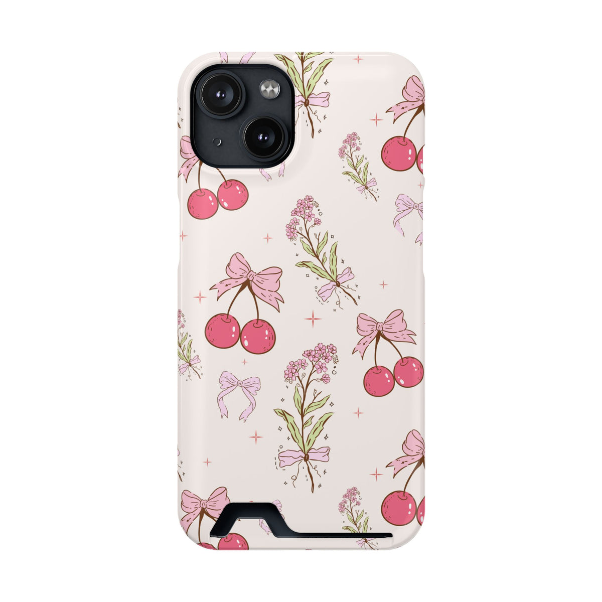Cherry Bouquet phone case with card holder for iPhone 14, glossy finish