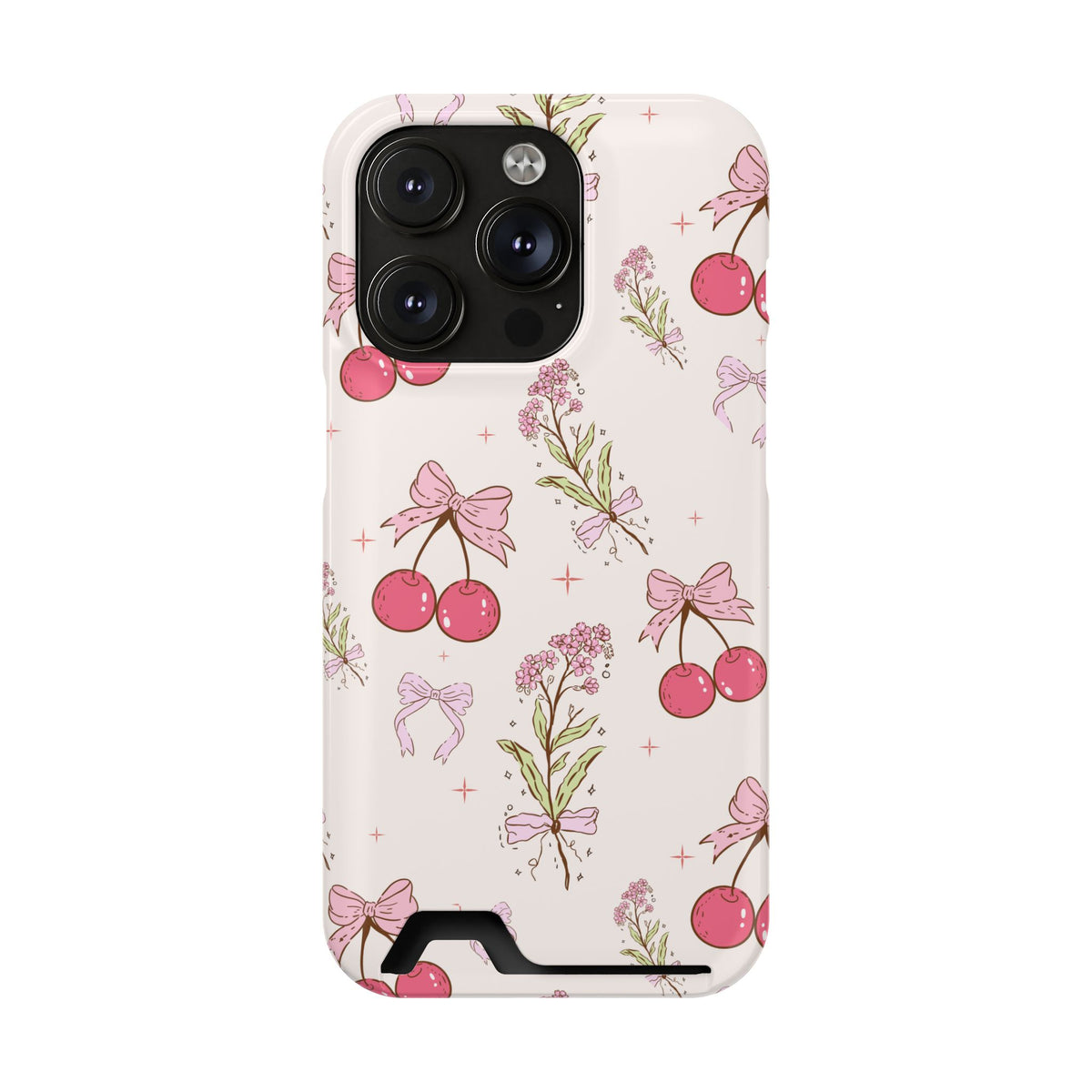 Cherry Bouquet phone case with card holder for iPhone 14 Pro, glossy finish