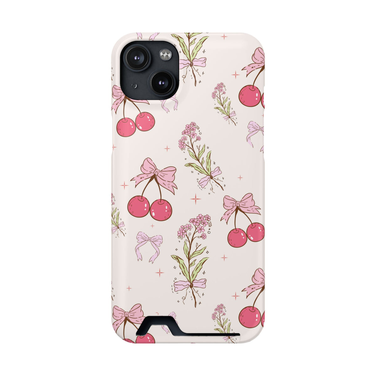 Cherry Bouquet phone case with card holder for iPhone 14 Plus, glossy finish