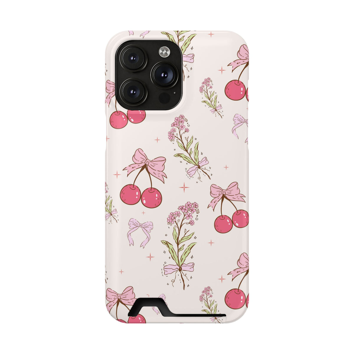 Cherry Bouquet phone case with card holder for iPhone 14 Pro Max, glossy finish