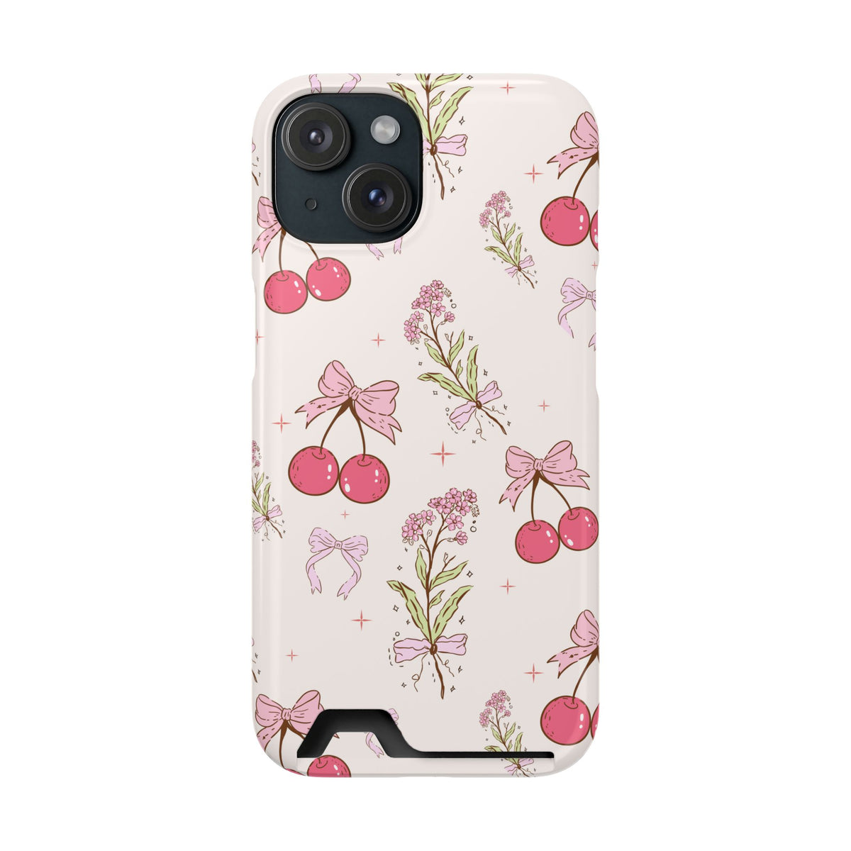 Cherry Bouquet phone case with card holder for iPhone 15, glossy finish