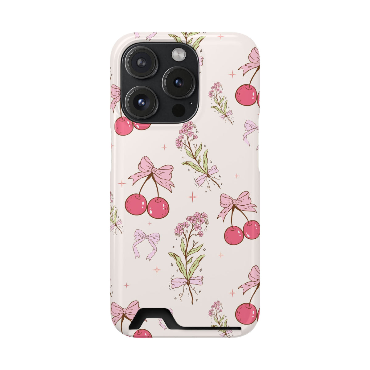 Cherry Bouquet phone case with card holder for iPhone 15 Pro, glossy finish