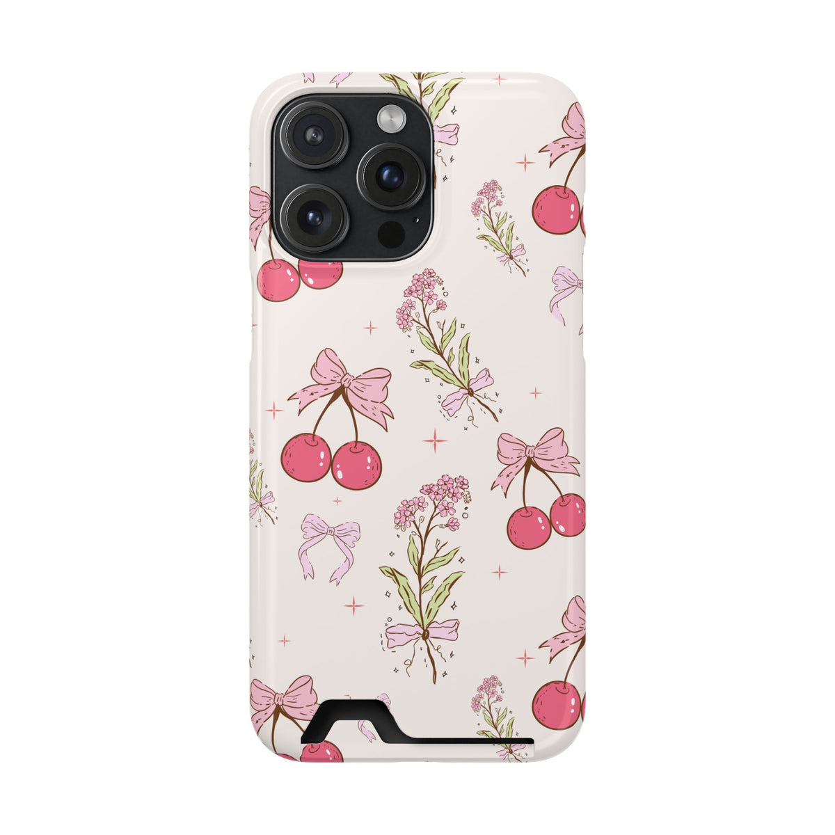 Cherry Bouquet phone case with card holder for iPhone 15 Pro Max, glossy finish