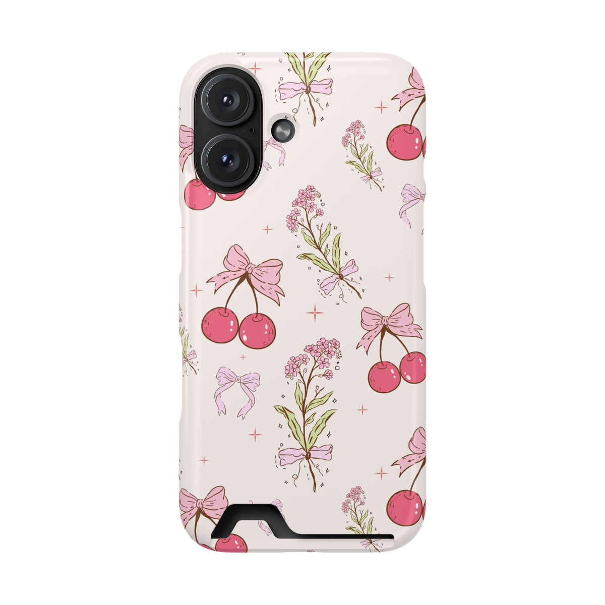 Cherry Bouquet phone case with card holder for iPhone 16, glossy finish