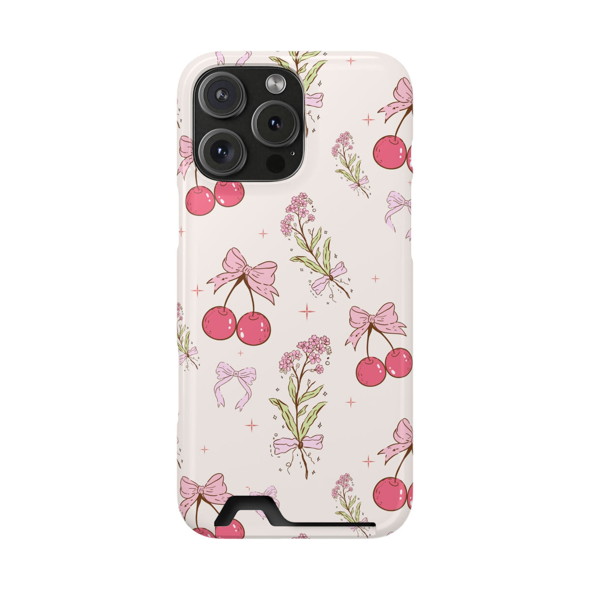 Cherry Bouquet phone case with card holder for iPhone 16 Pro Max, glossy finish