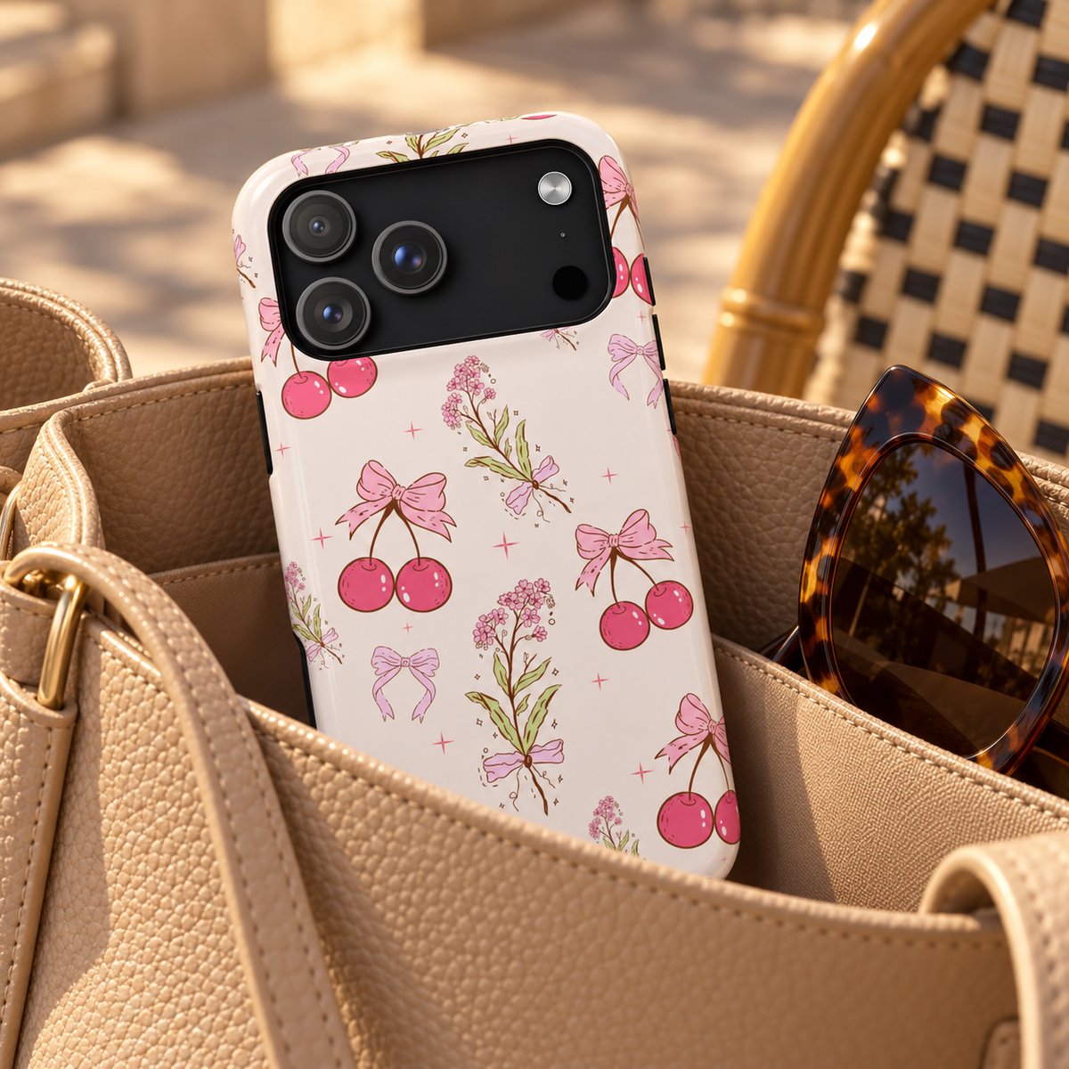 Cherry Bouquet phone case with card holder, pink cherries, bows and flower sprigs on cream, lifestyle photo in a handbag