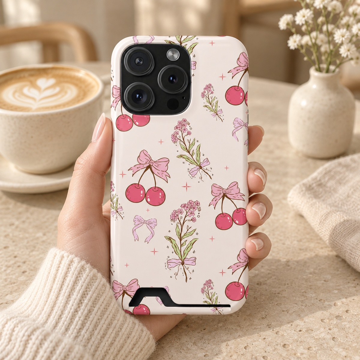 Cherry Bouquet phone case with card holder, pink cherries, bows and flower sprigs on cream, lifestyle photo in hand with coffee
