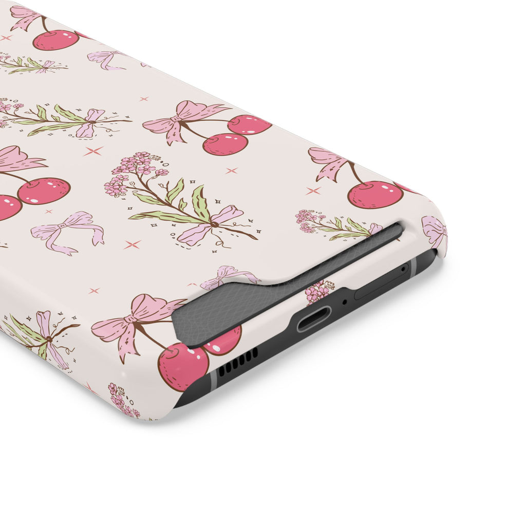 Cherry Bouquet phone case with card holder, close-up of the card slot