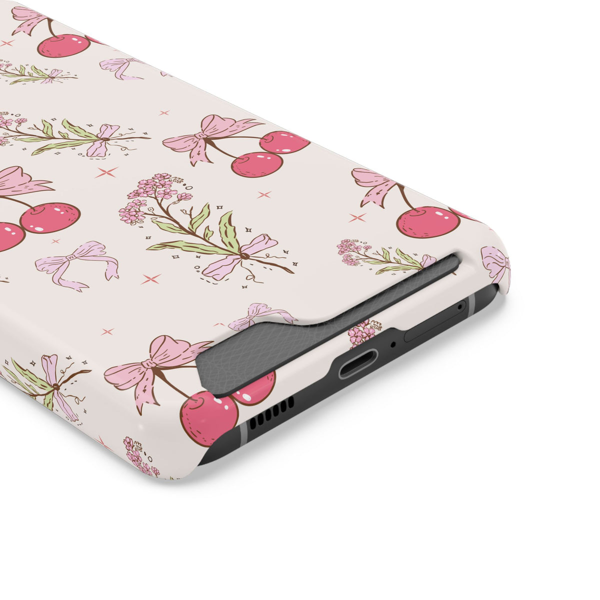 Cherry Bouquet phone case with card holder, close-up of the card slot