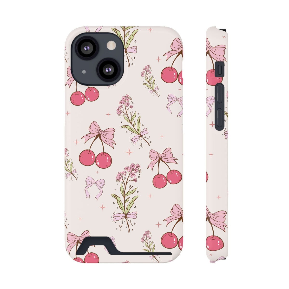 Cherry Bouquet phone case with card holder for iPhone 13 Mini, glossy finish