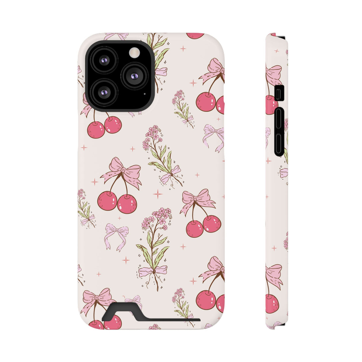Cherry Bouquet phone case with card holder for iPhone 13 Pro Max, glossy finish