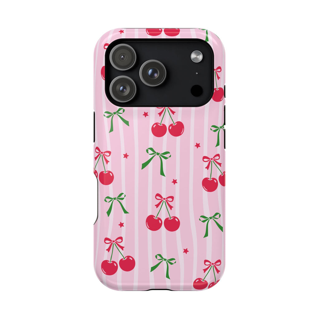 Cherry Bow protective phone case for iPhone 18 Pro, glossy finish