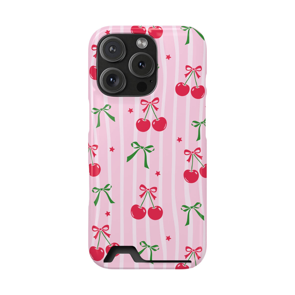 Cherry Bow phone case with card holder for iPhone 16 Pro, glossy finish