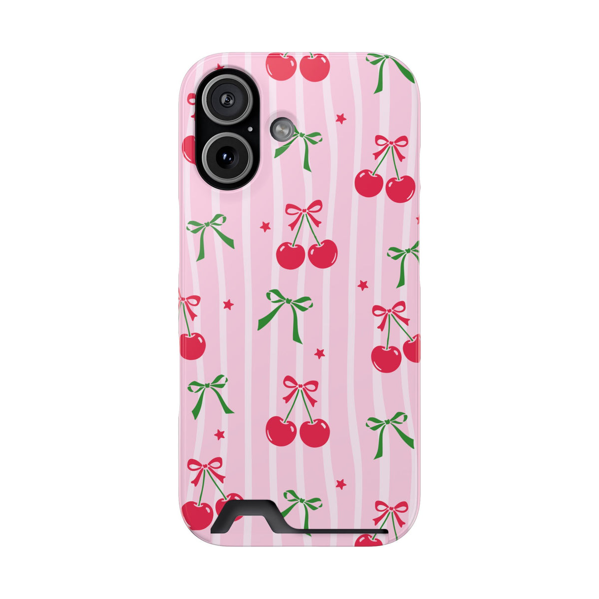Cherry Bow phone case with card holder for iPhone 17, glossy finish