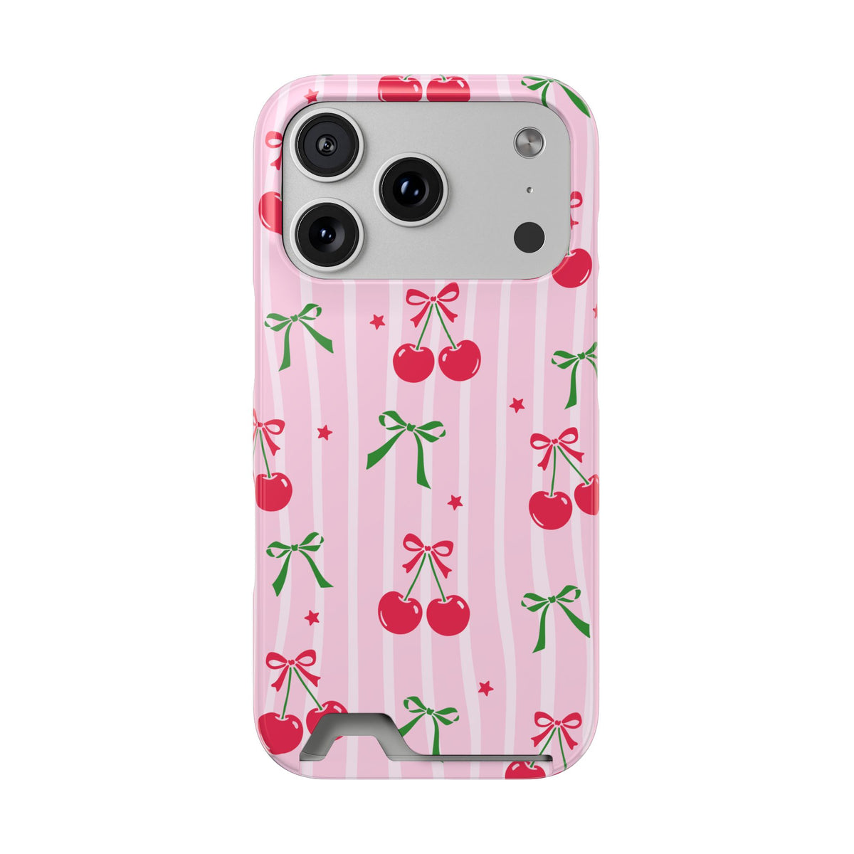 Cherry Bow phone case with card holder for iPhone 17 Pro, glossy finish
