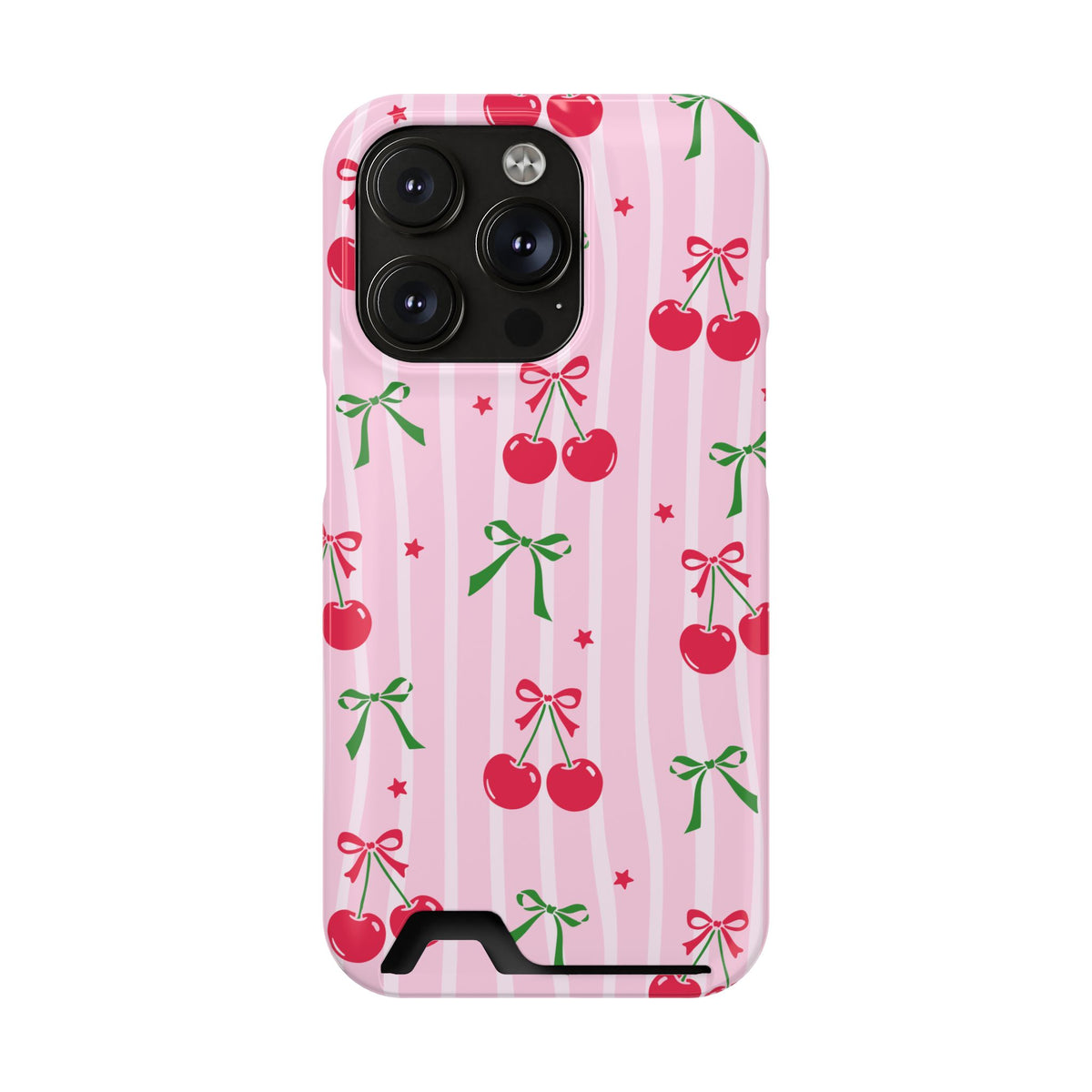 Cherry Bow phone case with card holder for iPhone 14 Pro, glossy finish
