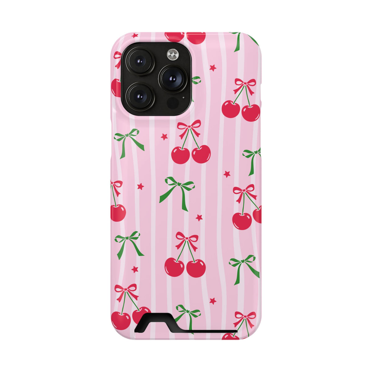 Cherry Bow phone case with card holder for iPhone 14 Pro Max, glossy finish