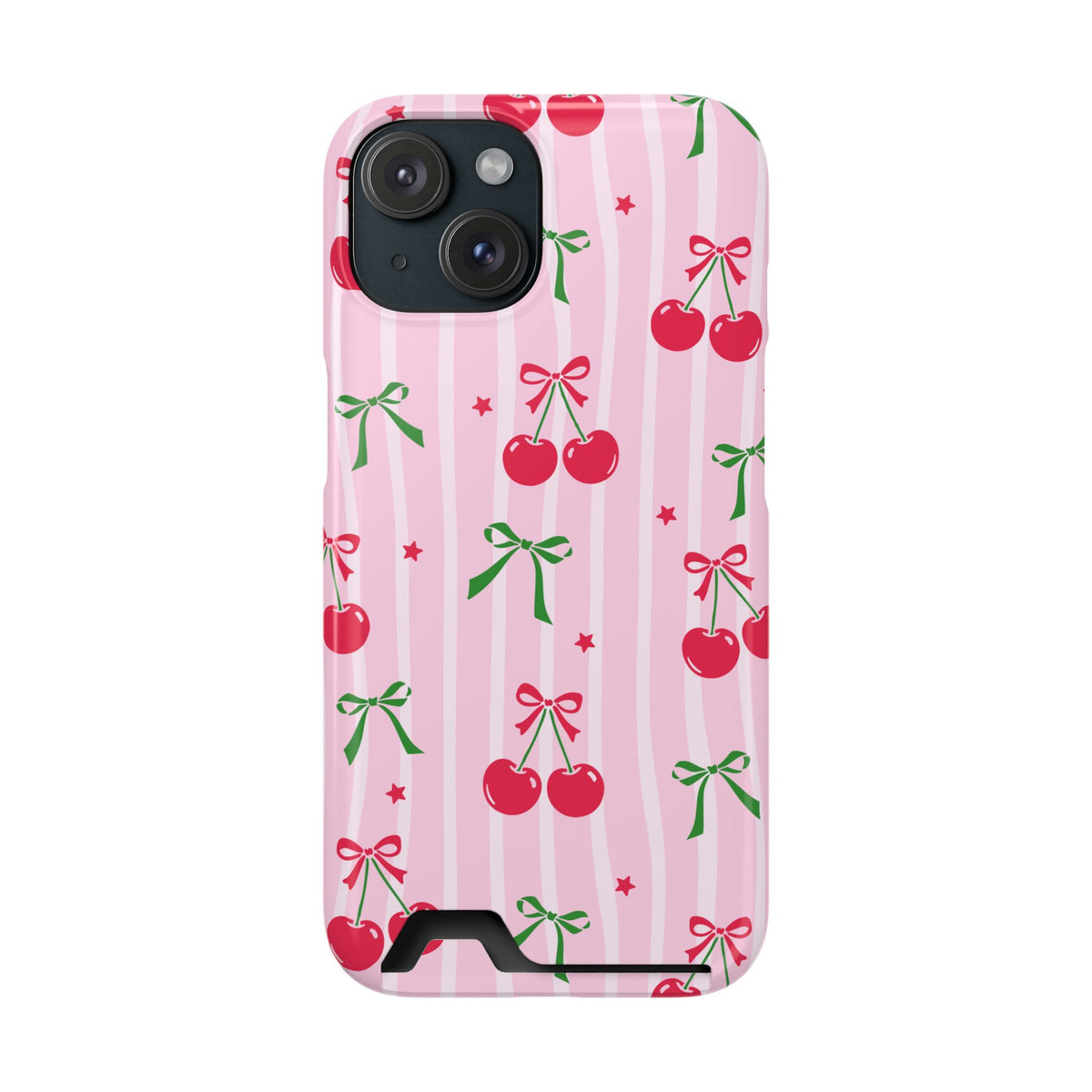 Cherry Bow phone case with card holder for iPhone 15, glossy finish