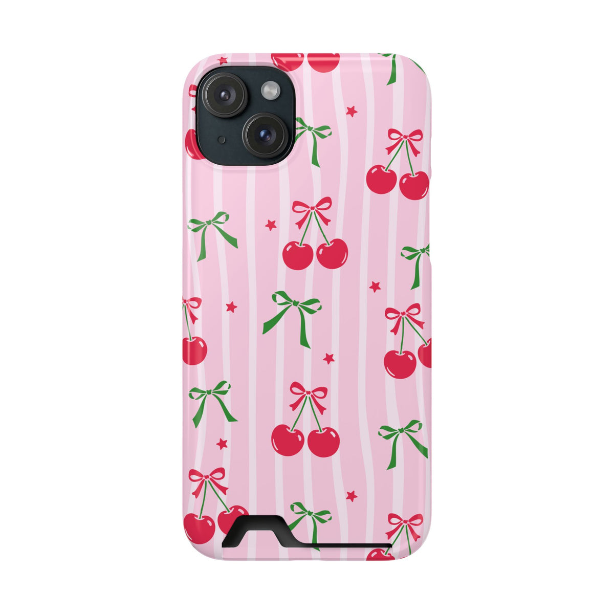 Cherry Bow phone case with card holder for iPhone 15 Plus, glossy finish