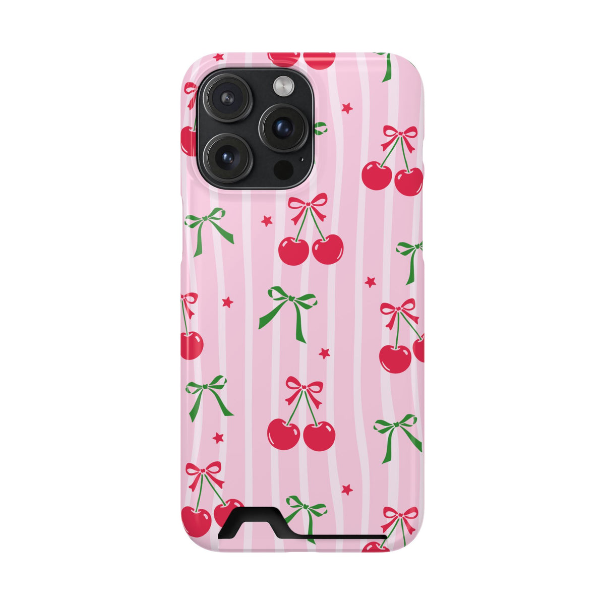 Cherry Bow phone case with card holder for iPhone 15 Pro Max, glossy finish