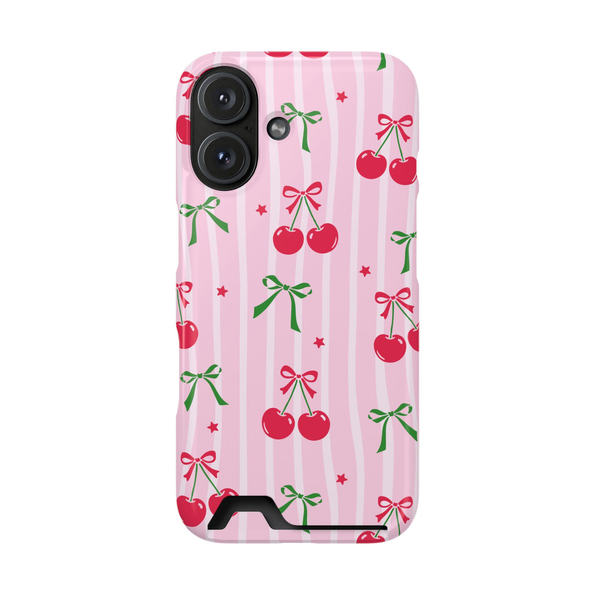 Cherry Bow phone case with card holder for iPhone 16, glossy finish