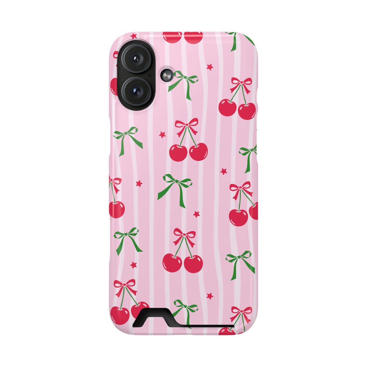 Cherry Bow phone case with card holder for iPhone 16 Plus, glossy finish