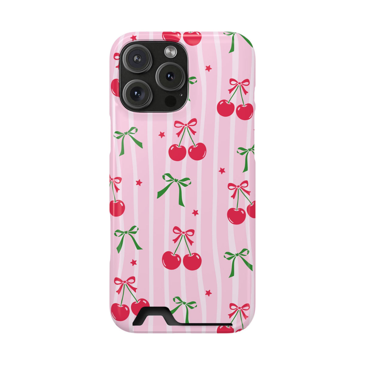 Cherry Bow phone case with card holder for iPhone 16 Pro Max, glossy finish