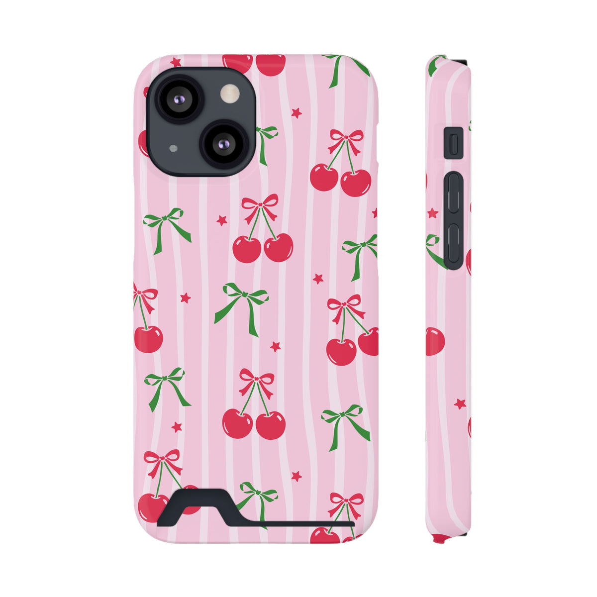 Cherry Bow phone case with card holder for iPhone 13 Mini, glossy finish