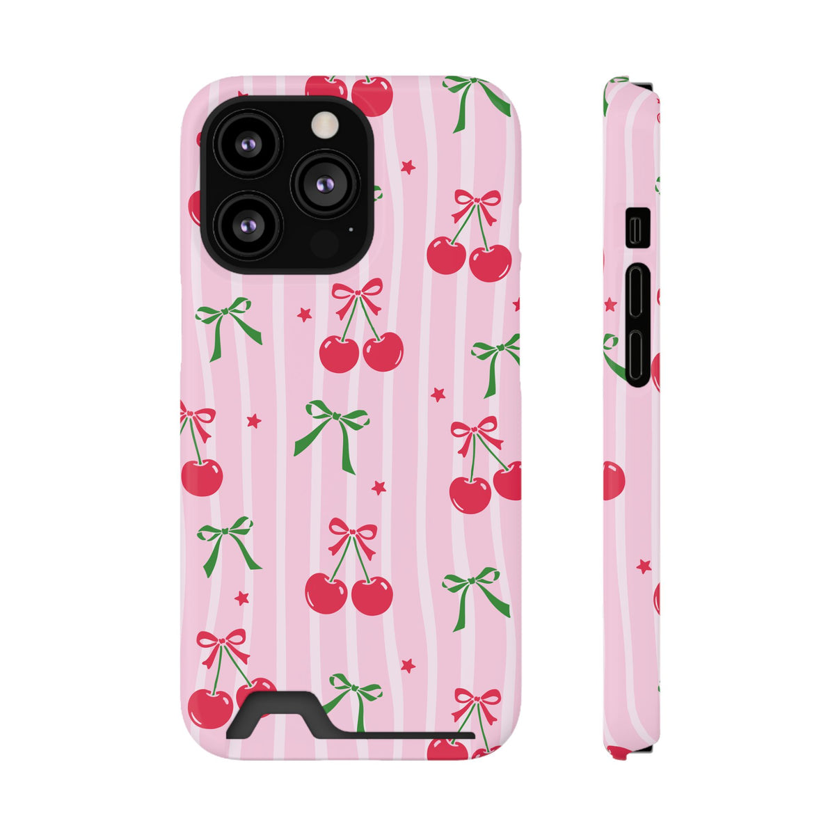 Cherry Bow phone case with card holder for iPhone 13 Pro, glossy finish