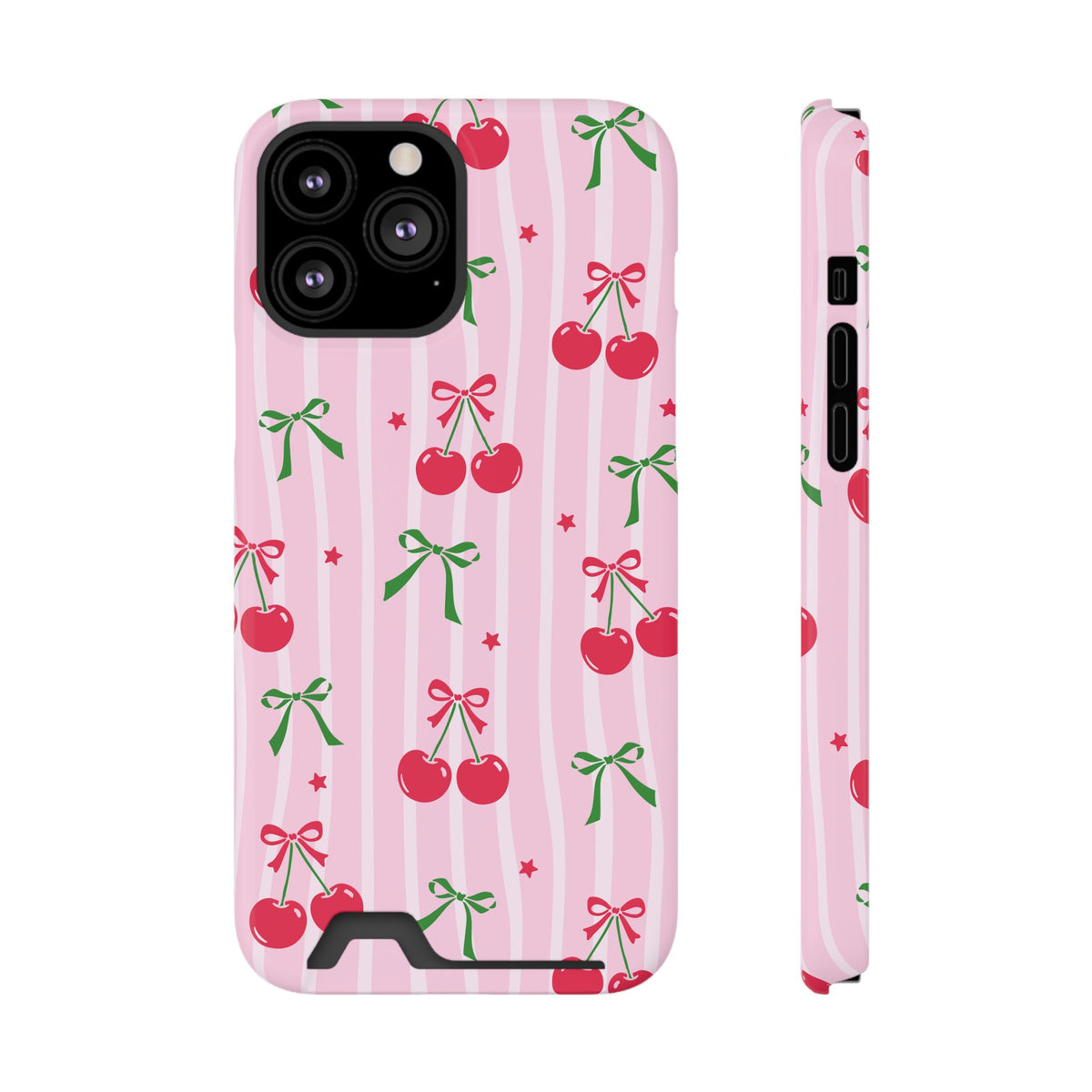 Cherry Bow phone case with card holder for iPhone 13 Pro Max, glossy finish