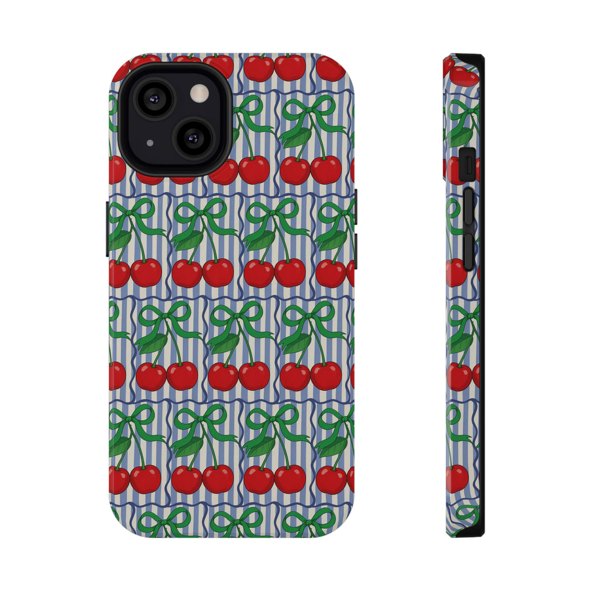 Cherry Bow Stripe protective phone case for iPhone 13, glossy finish