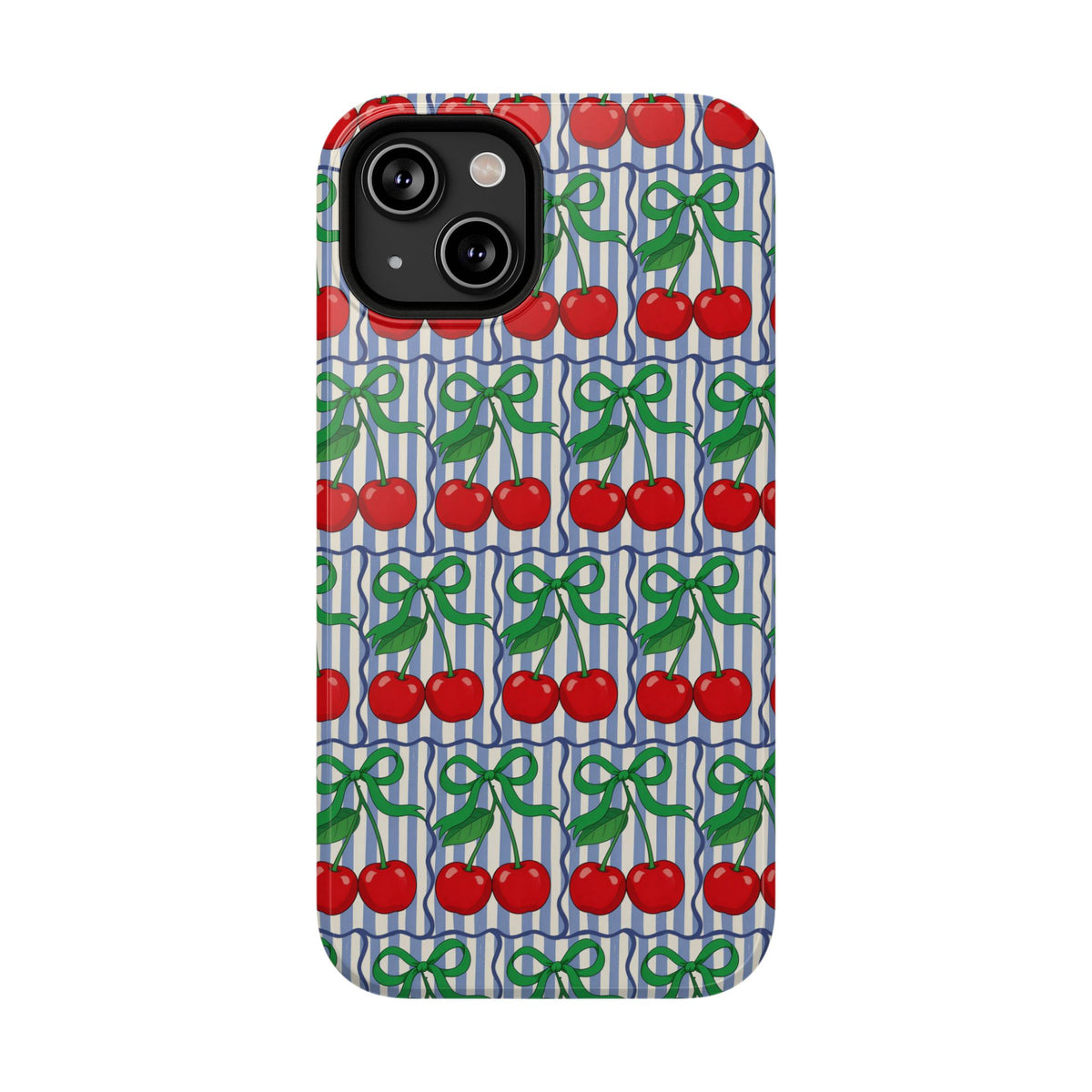 Cherry Bow Stripe protective phone case for iPhone 14, glossy finish