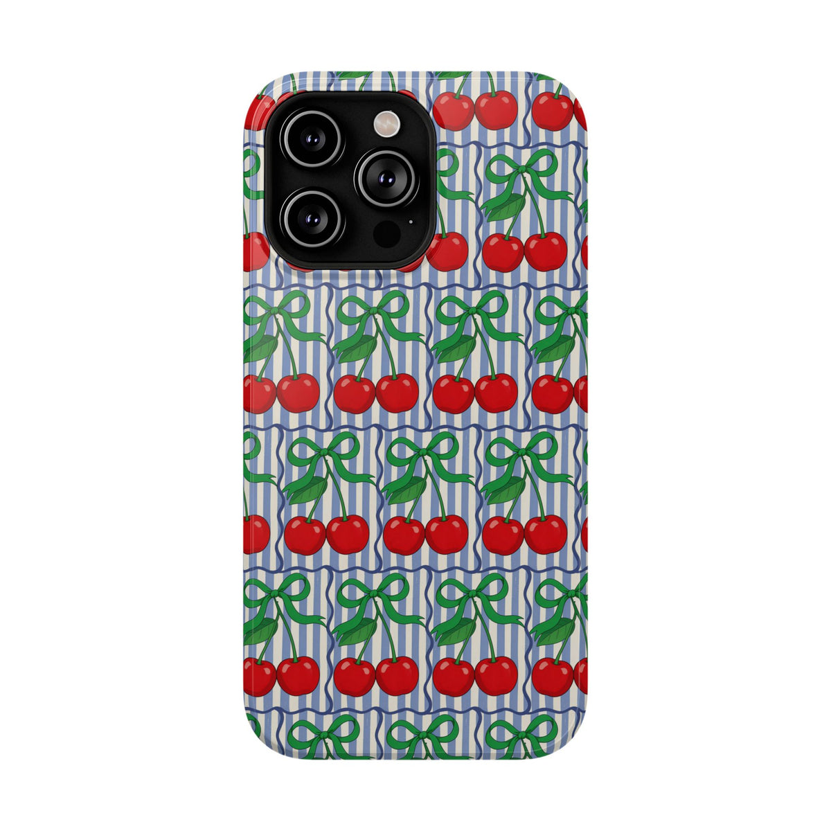 Cherry Bow Stripe protective phone case for iPhone 14 Pro Max, glossy finish
