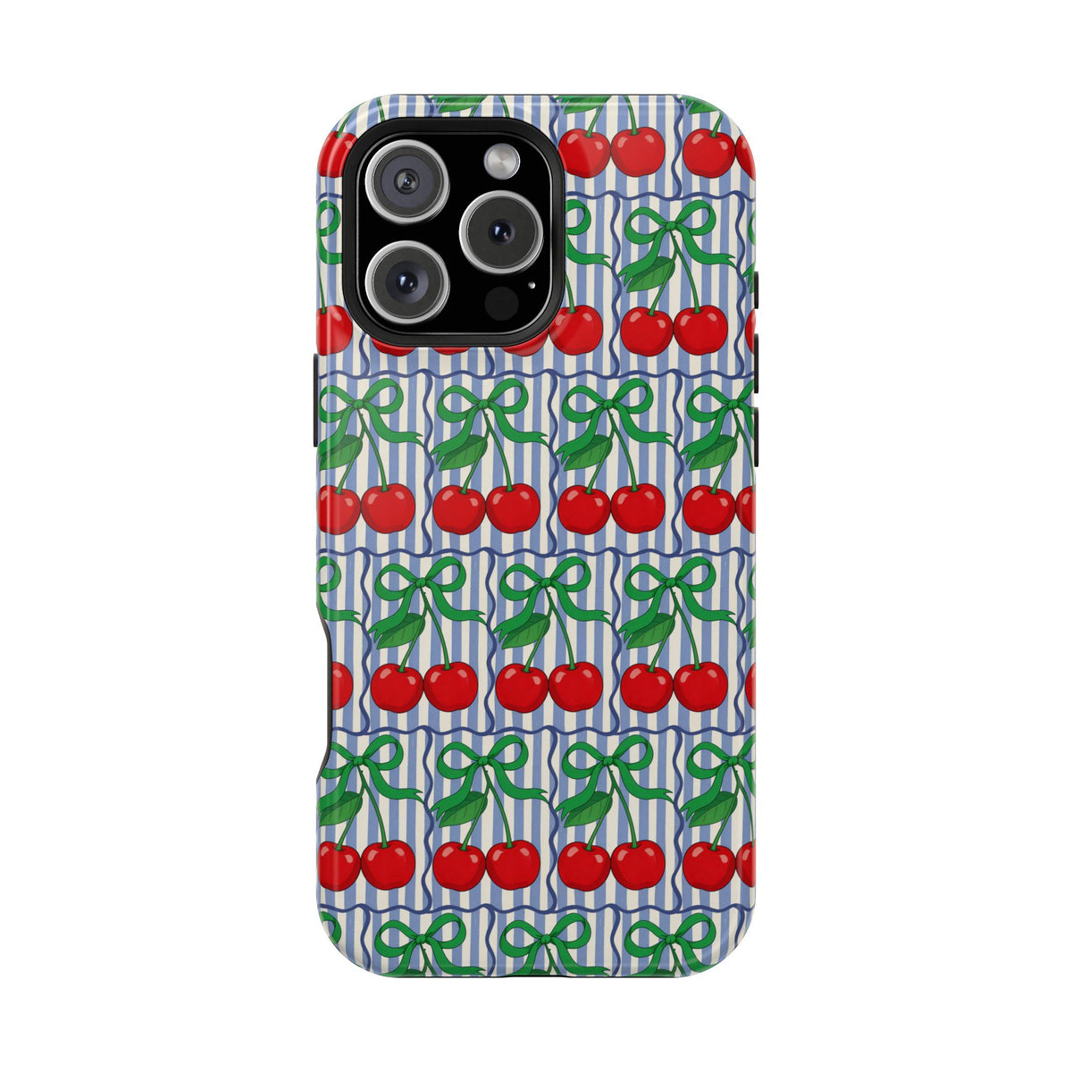 Cherry Bow Stripe protective phone case for iPhone 16 Pro Max, glossy finish