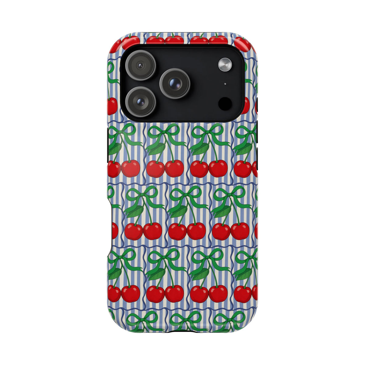 Cherry Bow Stripe protective phone case for iPhone 17 Pro, glossy finish