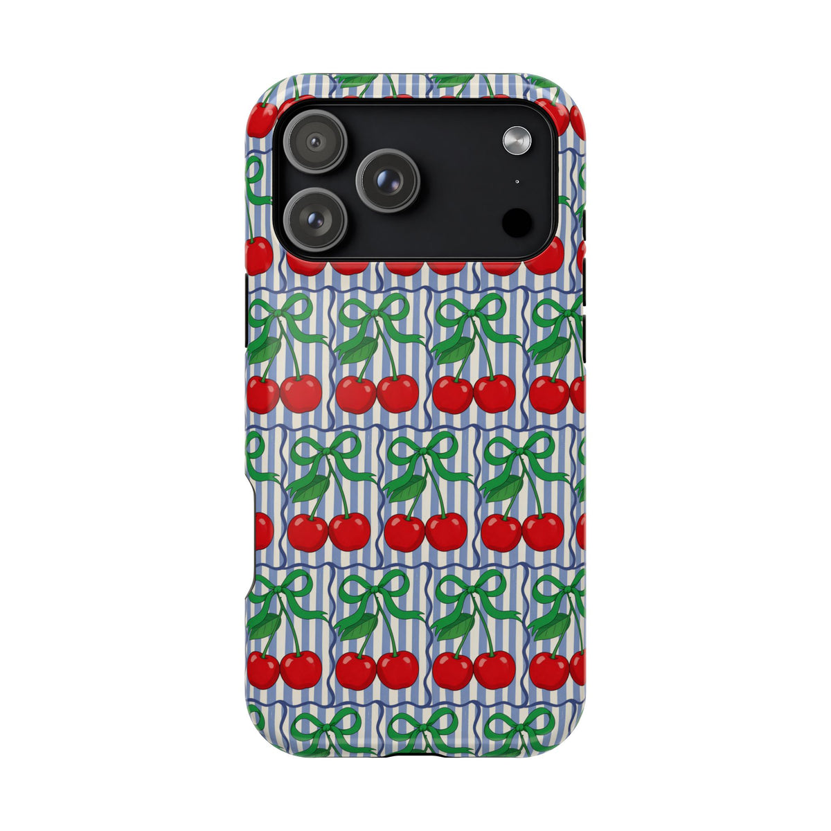 Cherry Bow Stripe protective phone case for iPhone 17 Pro Max, glossy finish